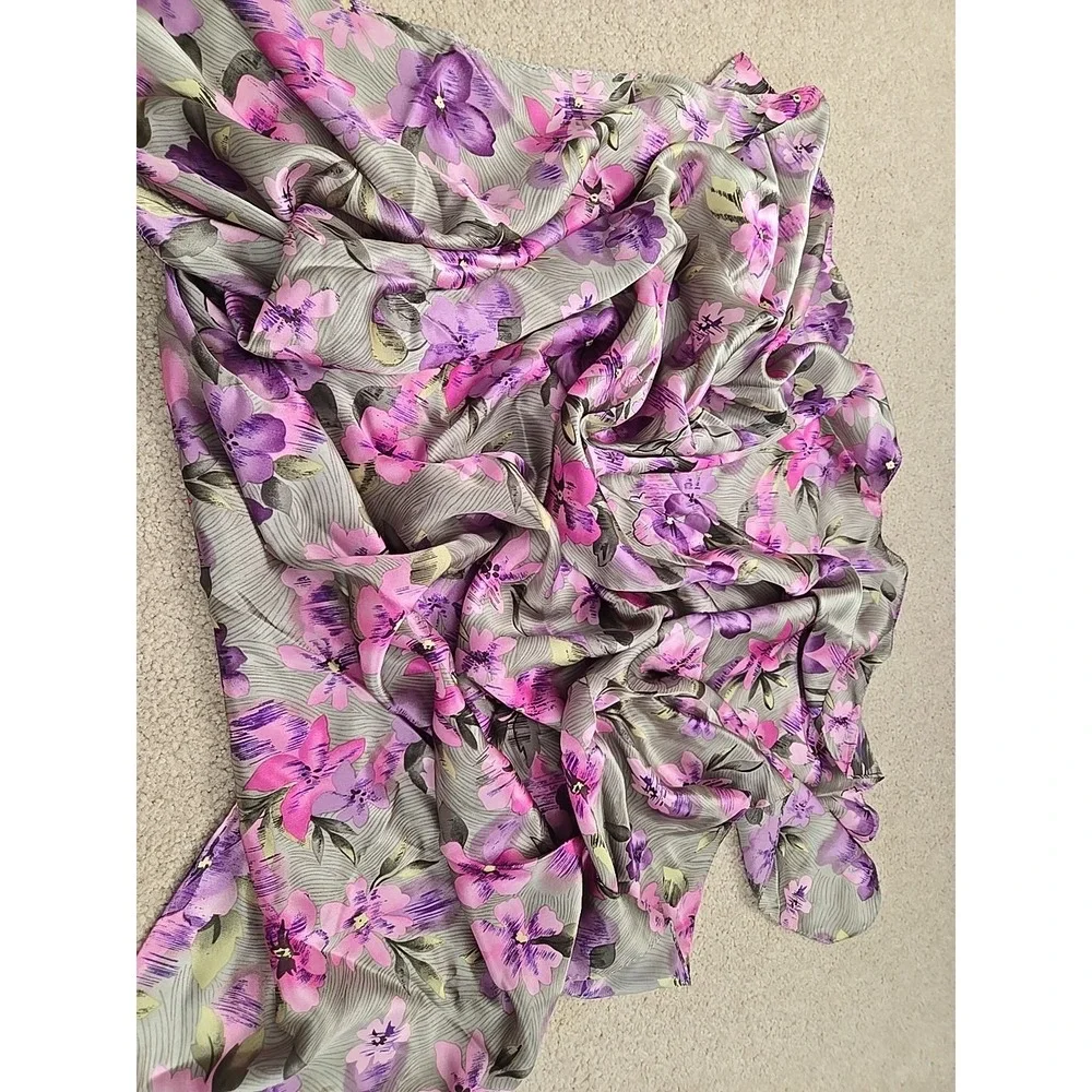 Silk Chiffon Scarf Floral Rolled Green Lavender Pink‎ 39